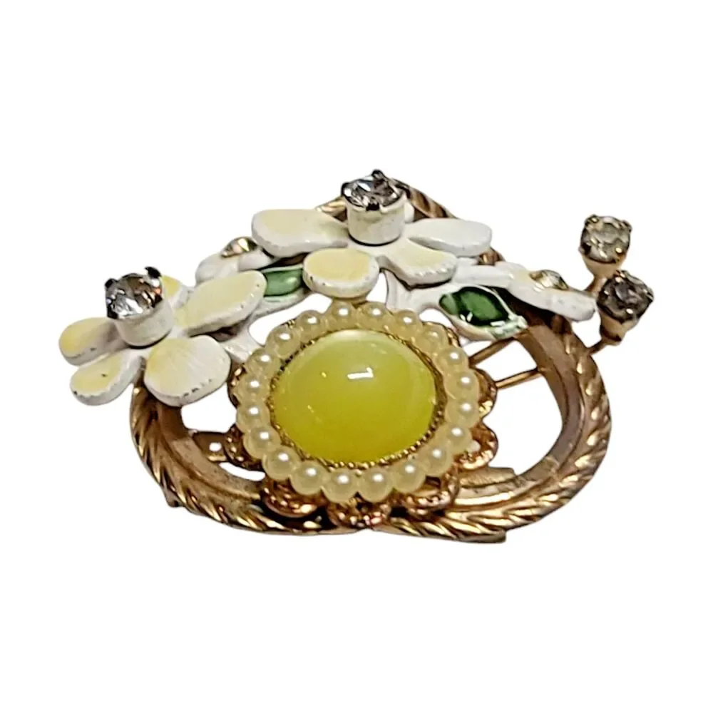 Vintage Gold Tone Rhinestone Faux Pearl Enamel Flower Bouquet Heart Brooch Pin